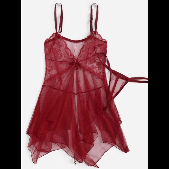 Red, Sheer, Draped, Lace, Lingerie Set - Picture 3 of 6